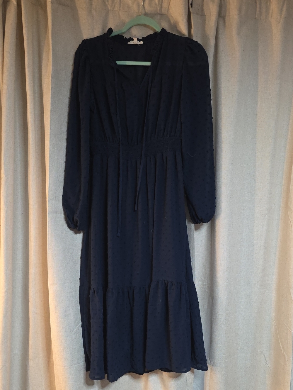 mine Navy Swiss Dot Long Sleeve Midi Dress with Tie Waist